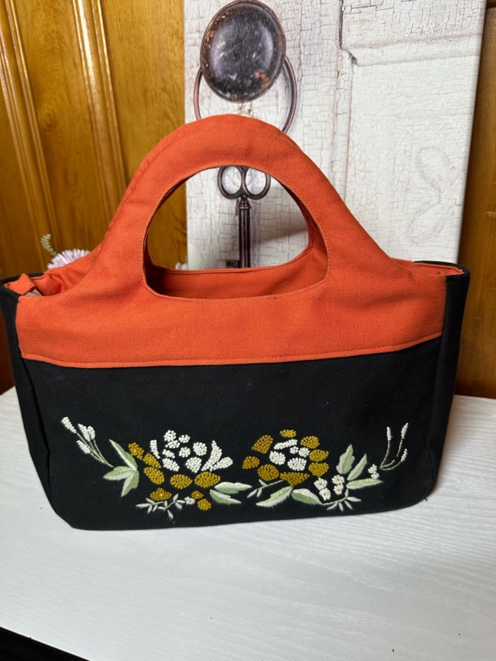 Black and Orange Floral Embroidered Canvas Tote
